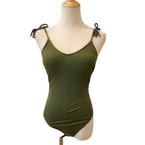 California Sunshine Green Ribbed Swimsuit Tassel Straps One Piece Small